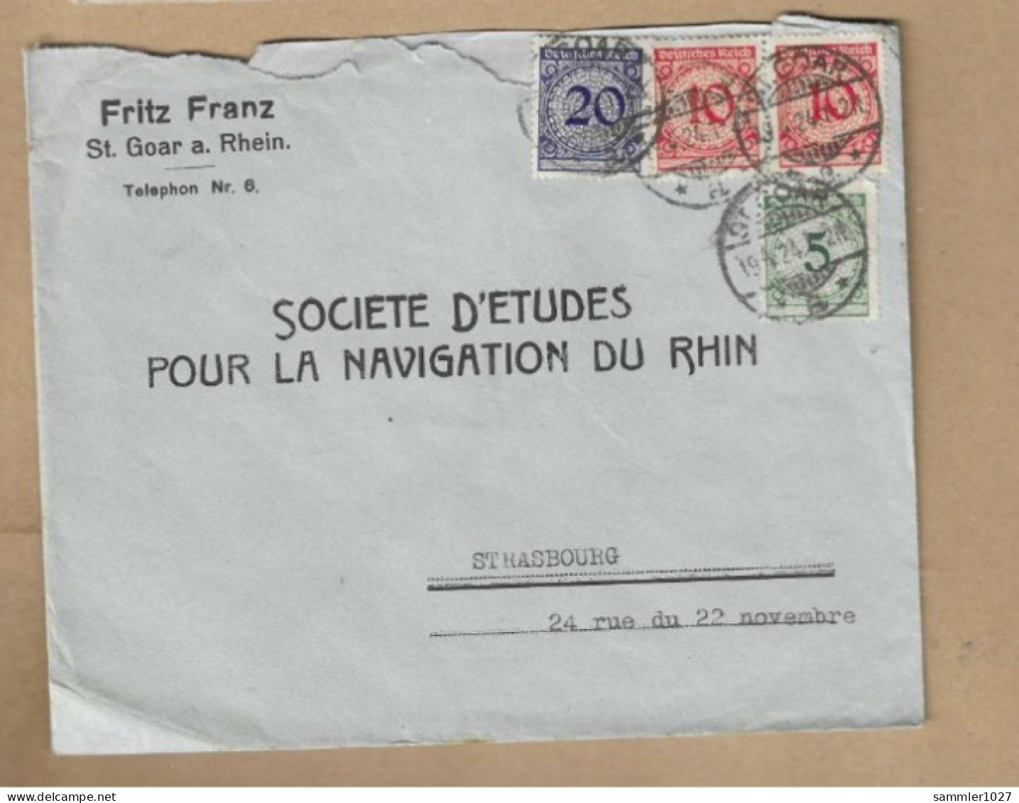 Los Vom 19.05 -   Briefumschlag Aus St. Goar Nach Straßburg 1924 - Covers & Documents