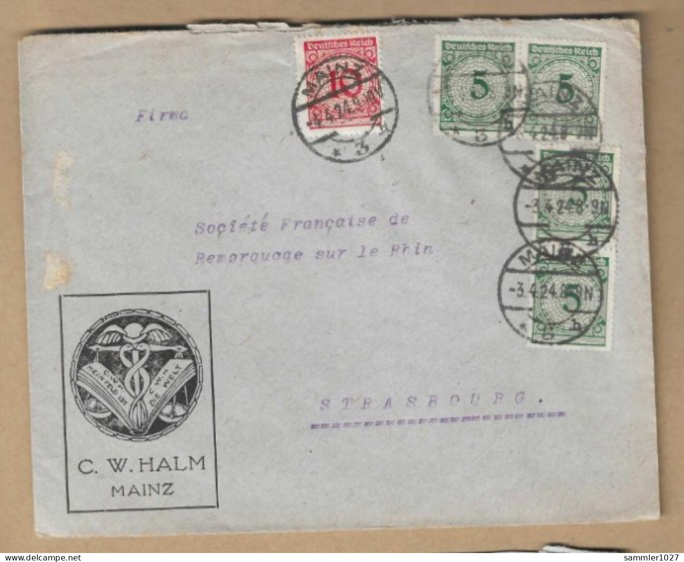 Los Vom 19.05 -   Briefumschlag Aus Mainz Nach Straßburg 1924 - Briefe U. Dokumente