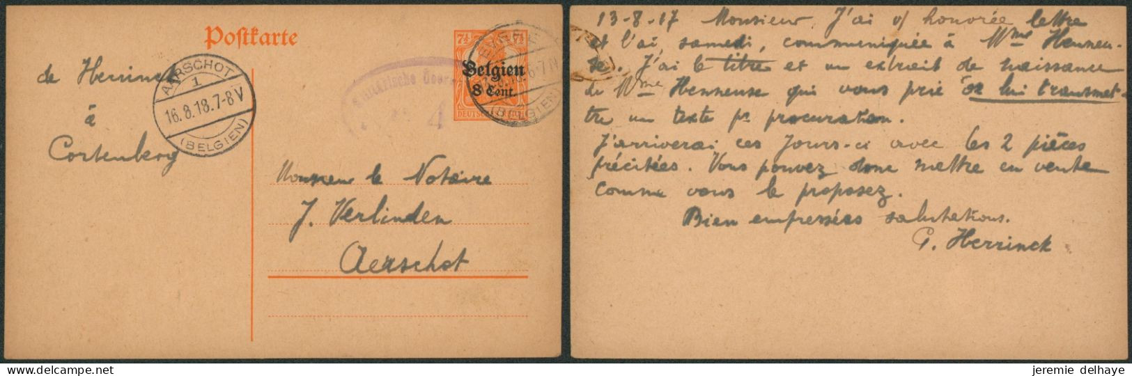 Guerre 14-18 - EP Au Type 8ctm Orange Obl à Pont "Evere" (1918, Origine Cortenberg) > Aerschot. - Duitse Bezetting