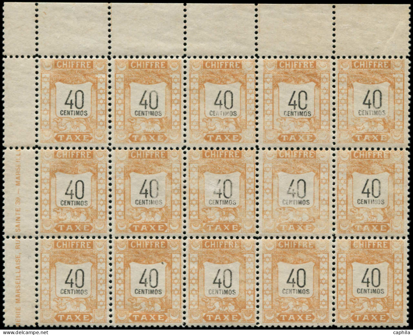 ** MAROC - POSTES LOCALES - Poste - Mazagan à Marrakech 73, Bloc De 15, Adh. Sur 3 Timbres: 40c. Brun - Postes Locales & Chérifiennes