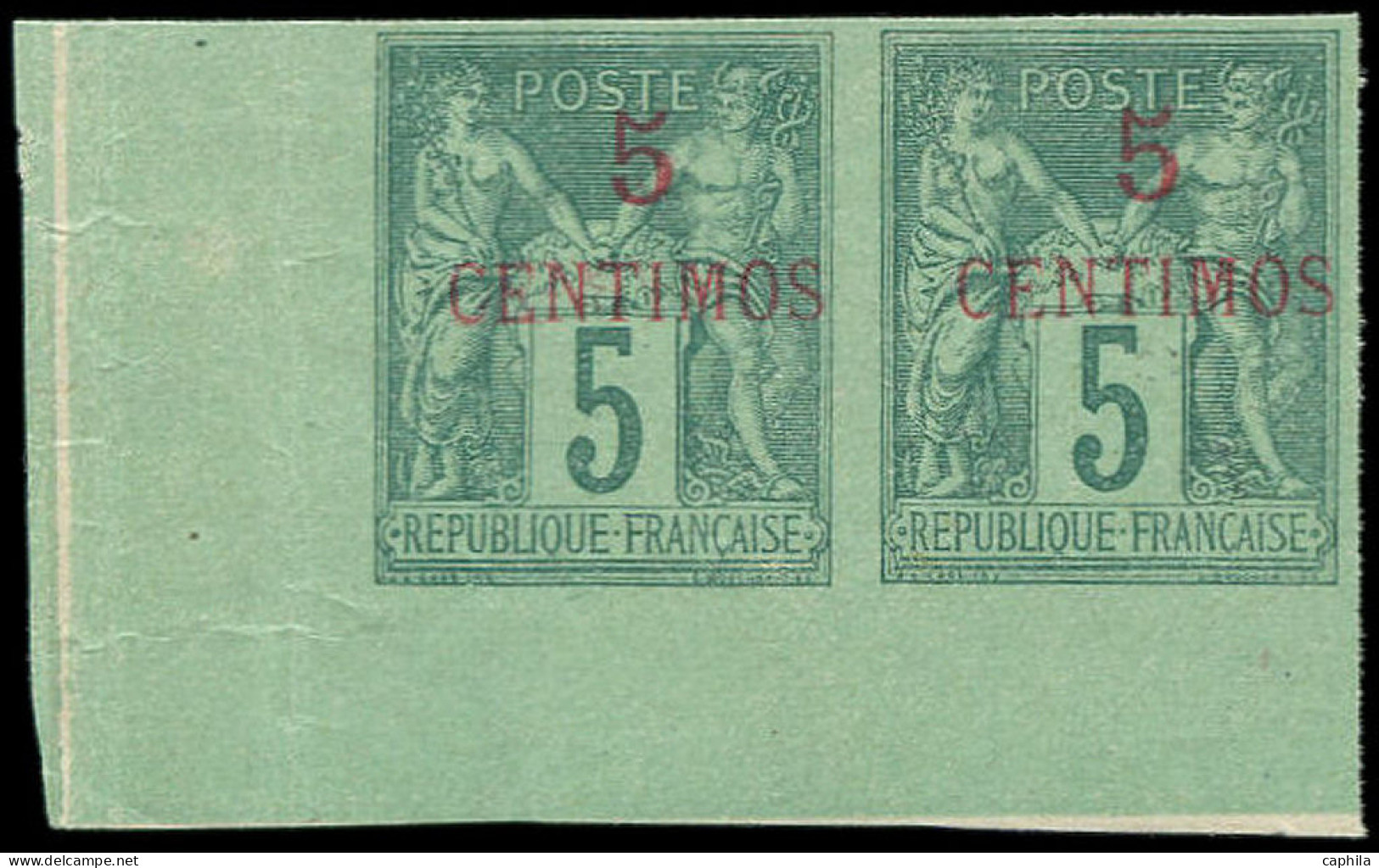 (*) MAROC - Poste - 1b, Paire Horizontale Non Dentelée, Bdf, Signé Calves: 5c. S. 5c. Vert - Unused Stamps