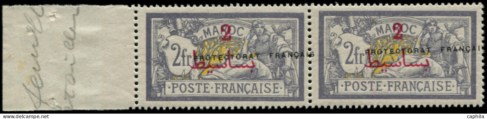 ** MAROC - Poste - 52, En Paire Bdf, Surcharge  "Protectorat Français" à Cheval: 2p. S. 2f. Merson (Maury) - Neufs