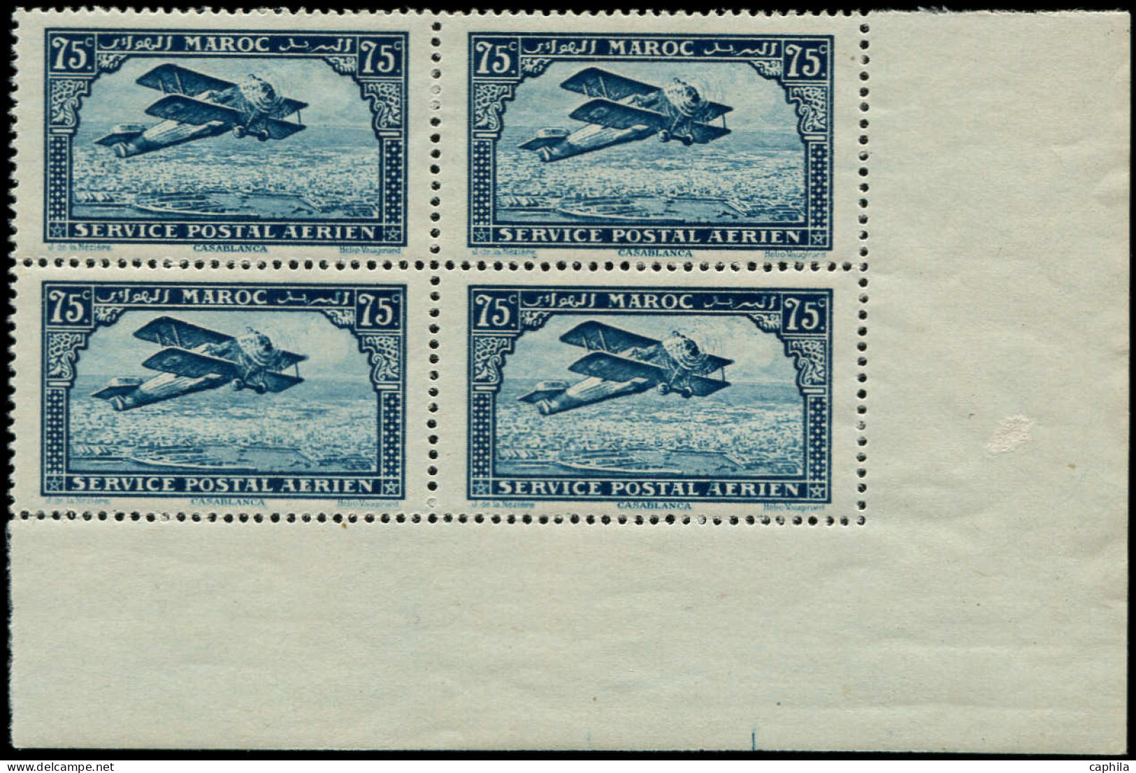 ** MAROC - Poste Aérienne - 4, Bloc De 4 Coin De Feuille: 75c. Bleu - Airmail