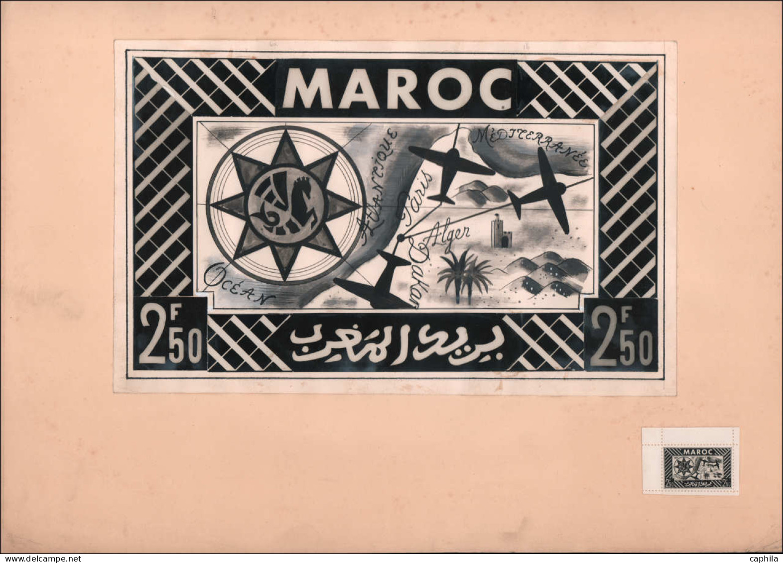 MAQ MAROC - Epreuves d'Artiste - (1933/1935), ensemble de 11 maquettes + réduction photo, grand format (300 x 195), encr