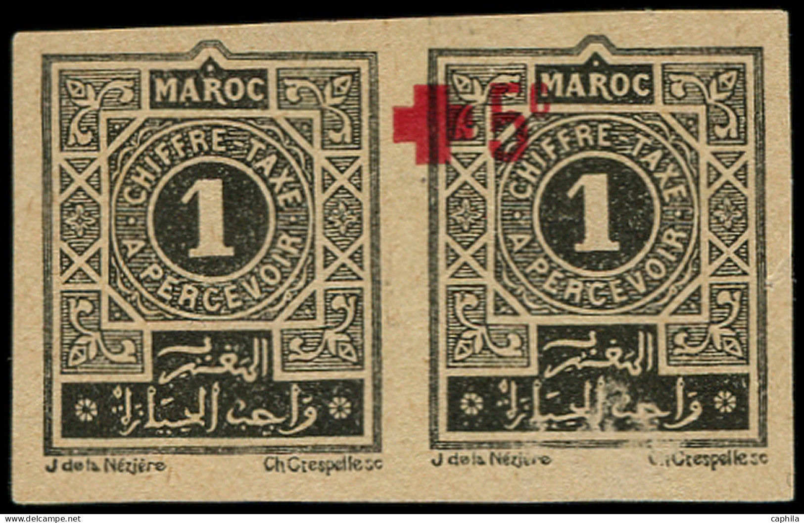 (*) MAROC - Taxe - 27, En Paire Non Dentelé Dont 1 Exemplaire Essai De Surcharge "Croix-Rouge" - Timbres-taxe