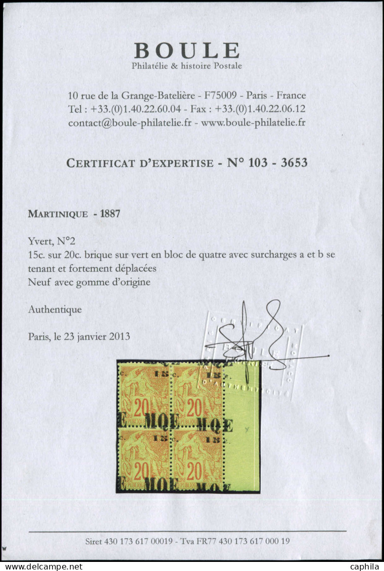 ** MARTINIQUE - Poste - 2e, Bloc De 4 Type I/II Se Tenant Surcharge à Cheval, Signé Brun + Certificat Boule (* Sur Ex Du - Unused Stamps