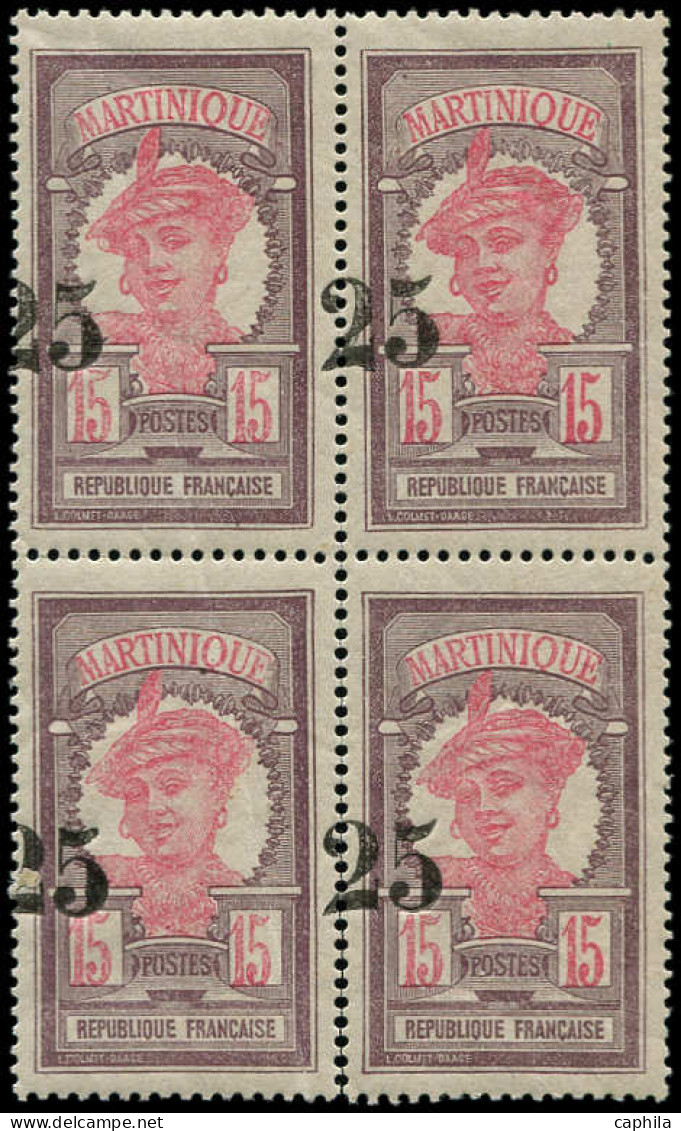 ** MARTINIQUE - Poste - 85, Bloc De 4 Surcharge à Cheval, Signé Brun (pli Sur 2 Timbres + Se Détache): 25 S. 15c. - Unused Stamps