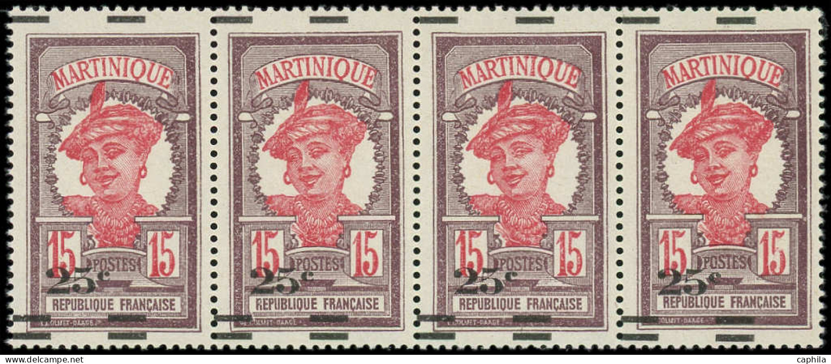 ** MARTINIQUE - Poste - 111, Bande De 4, Surcharge à Cheval: 25c. Sur 15c. Violet-brun Et Rose - Unused Stamps