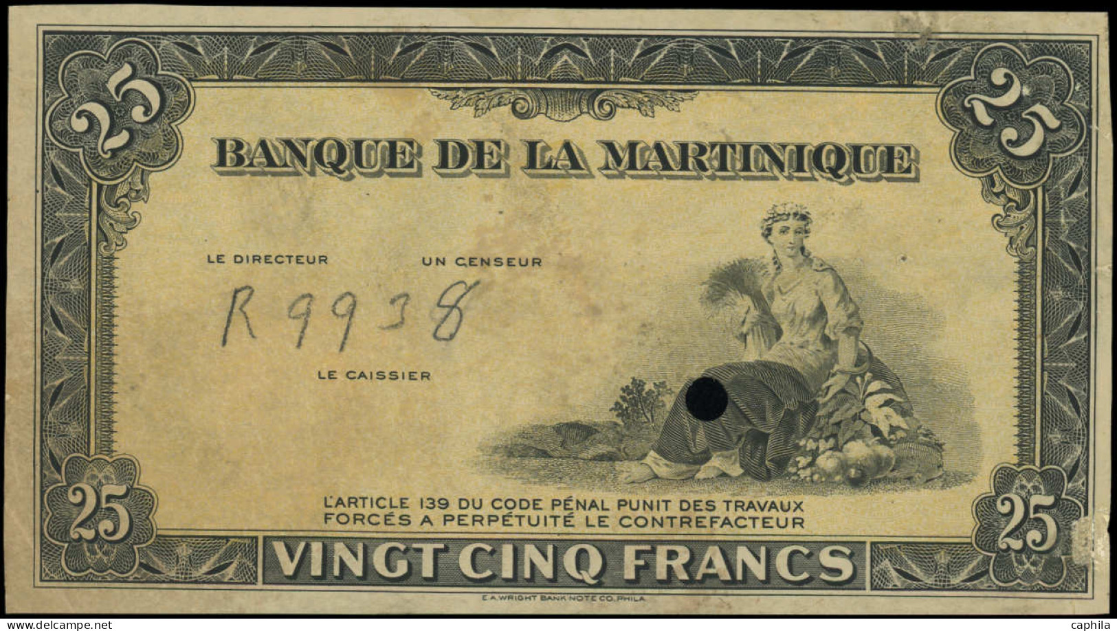 ESS MARTINIQUE - Billets - Pick 17, Essai Uniface En Noir Sur Crème "Banque De La Martinique 25fr" Sans N° Ni Signature  - Autres & Non Classés