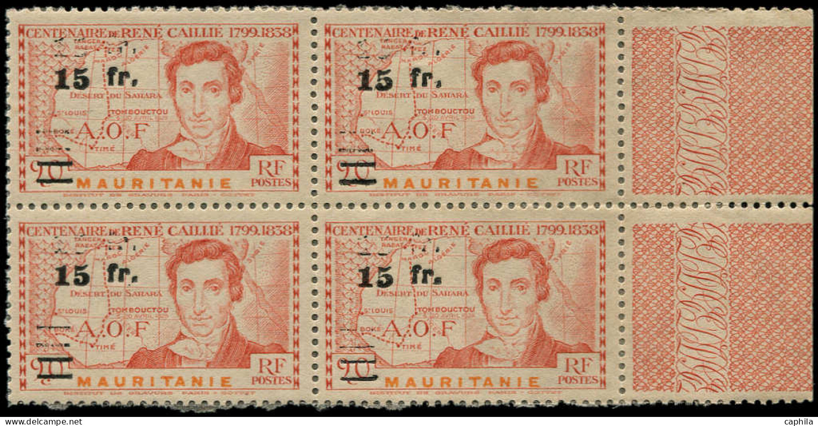 ** MAURITANIE - Poste - 137a, Bloc De 4 Double Surcharge, Gomme Coloniale, Signé Calves: René Caillié - Unused Stamps