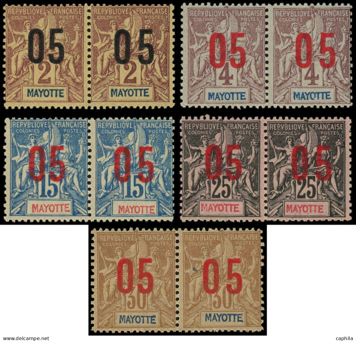 ** MAYOTTE - Poste - 21Aa/23Aa + 25Aa/26Aa, 5 Paires Chiffres Espacés Tenant à Normal - Unused Stamps