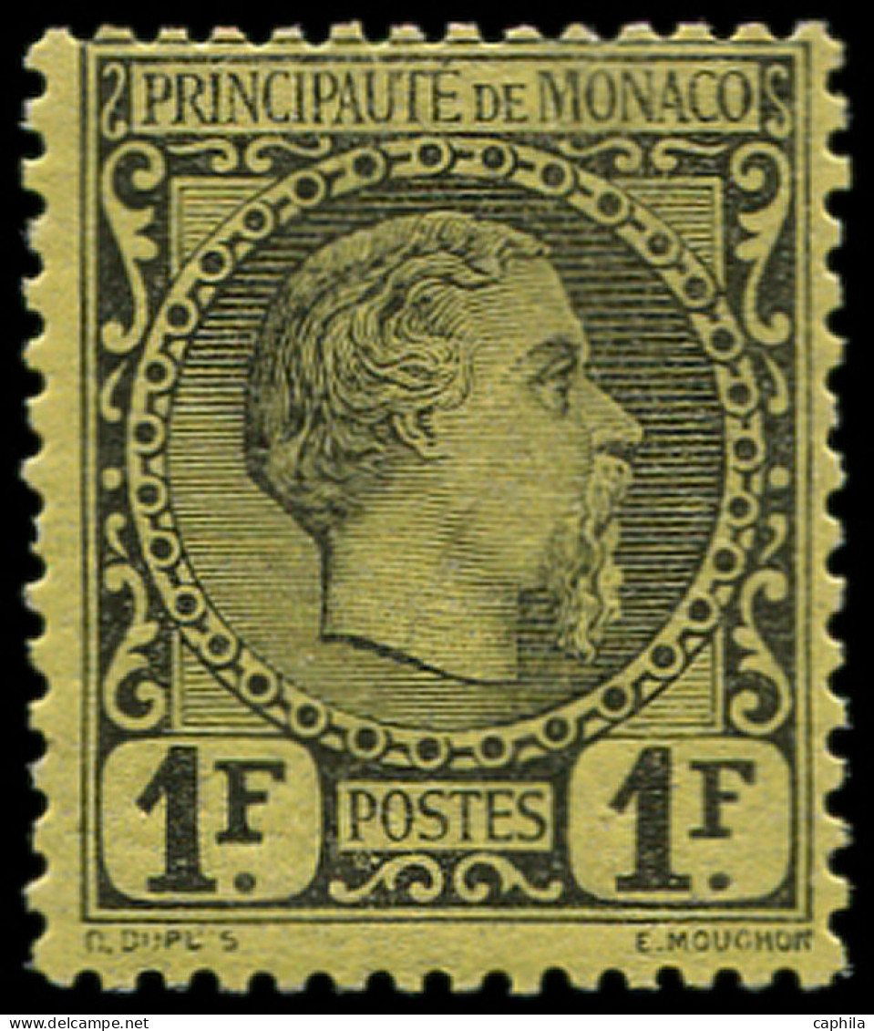 * MONACO - Poste - 9, Charnière Infime: 1f. Charles III Noir S. Jaune - Unused Stamps