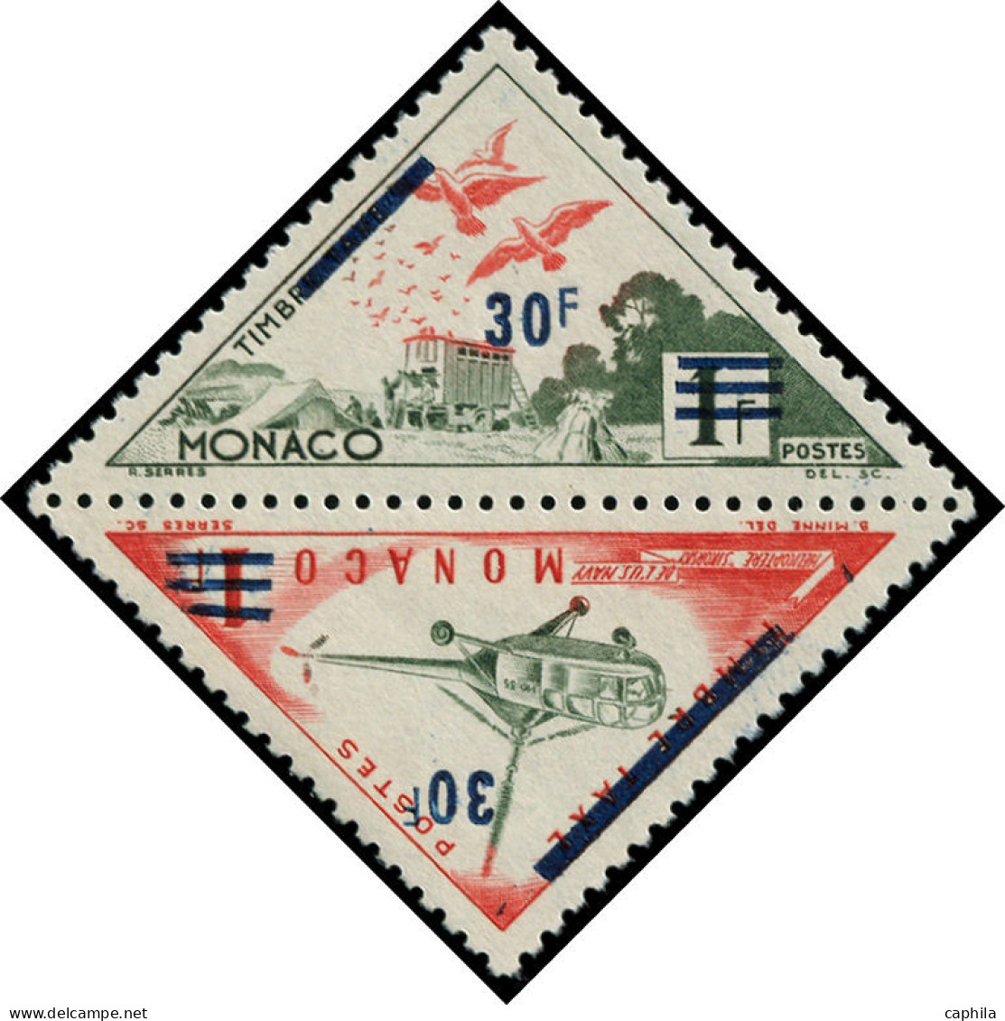 ** MONACO - Poste - Maury 491A/B, Non émis, Certificat Calves: 30f. S. 1f. Hélicoptère Et Pigeons - Unused Stamps