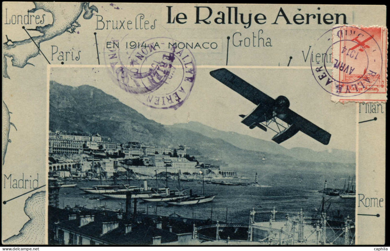 CP MONACO - Poste Aérienne - TS1, Vignette Rallye Aérien Sur CP Madrid à Monaco Arrivée 13/04/1914 (Maury) - Poste Aérienne