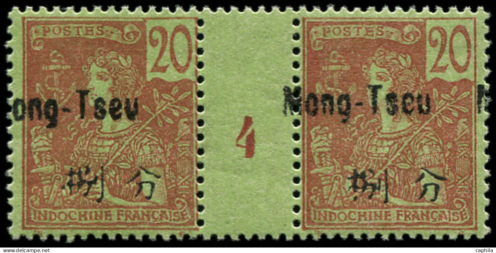 ** MONG-TZEU - Poste - 23, Paire Millésime "4", Surcharge à Cheval (*sur Millésime): 20c. Brique S. Vert - Unused Stamps