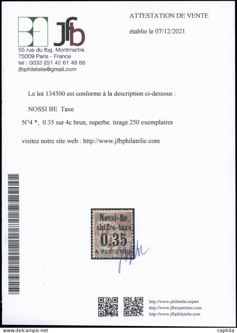 * NOSSI-BE - Taxe - 4, Type II, Signé + Certificat Brun: 35c. Sur 4c. Lilas-brun Sur Gris - Neufs