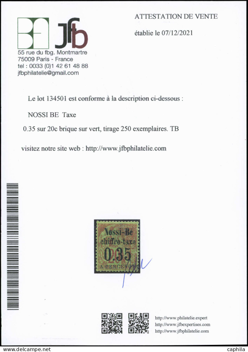 (*) NOSSI-BE - Taxe - 5, Type II, Signé + Certificat Brun: 35c. Sur 20c. Brique Sur Vert - Unused Stamps