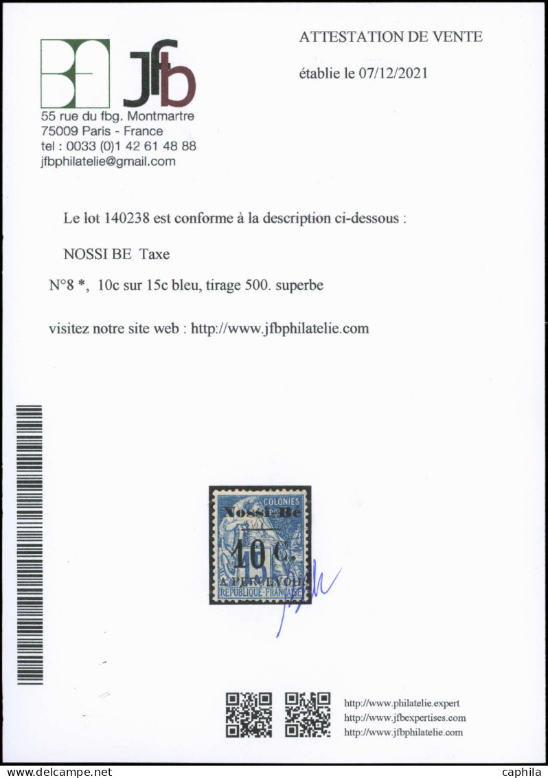* NOSSI-BE - Taxe - 8, Type III, Signé + Certificat Brun: 10c. Sur 15c. Bleu - Unused Stamps
