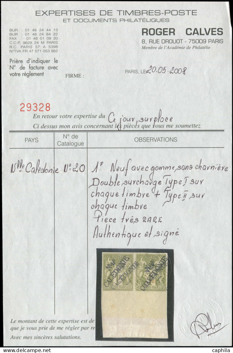 * NOUVELLE-CALEDONIE - Poste - 20, Paire Horizontale, Grand Bdf, Double Surcharge Type I + II Sur Chaque Timbre, (1ex. + - Other & Unclassified