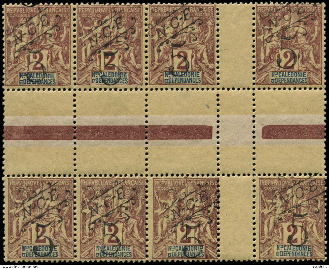 ** NOUVELLE-CALEDONIE - Poste - 54, Bloc De 8 Interpanneau, Quelques Adhérences: 5c. S. 2c. Lilas-brun - Unused Stamps