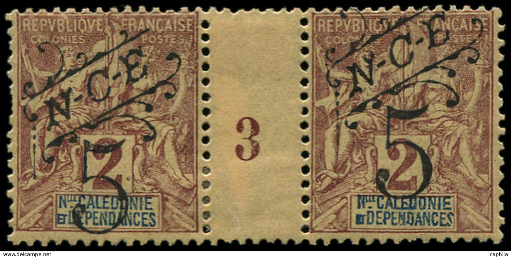 * NOUVELLE-CALEDONIE - Poste - 54, En Paire Millésime "3", * Forte + Adhérences, Tirage 800 (dents Courtes): 5c. S. Lila - Unused Stamps