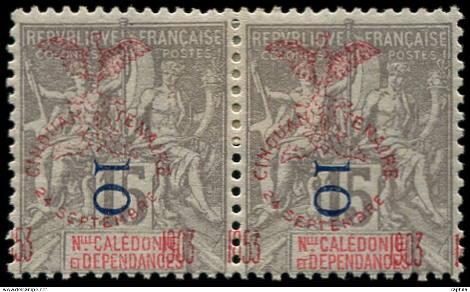 * NOUVELLE-CALEDONIE - Poste - 85, En Paire, Surcharge Du Cinquantenaire à Cheval: 10c. S. 15c. Gris (Maury) - Unused Stamps