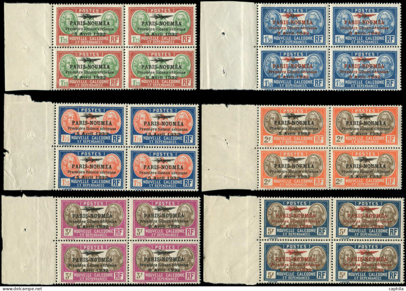 ** NOUVELLE-CALEDONIE - Poste Aérienne - 3/28, complet, 26 blocs de 4, tous Bdf: Paris - Nouméa 1933