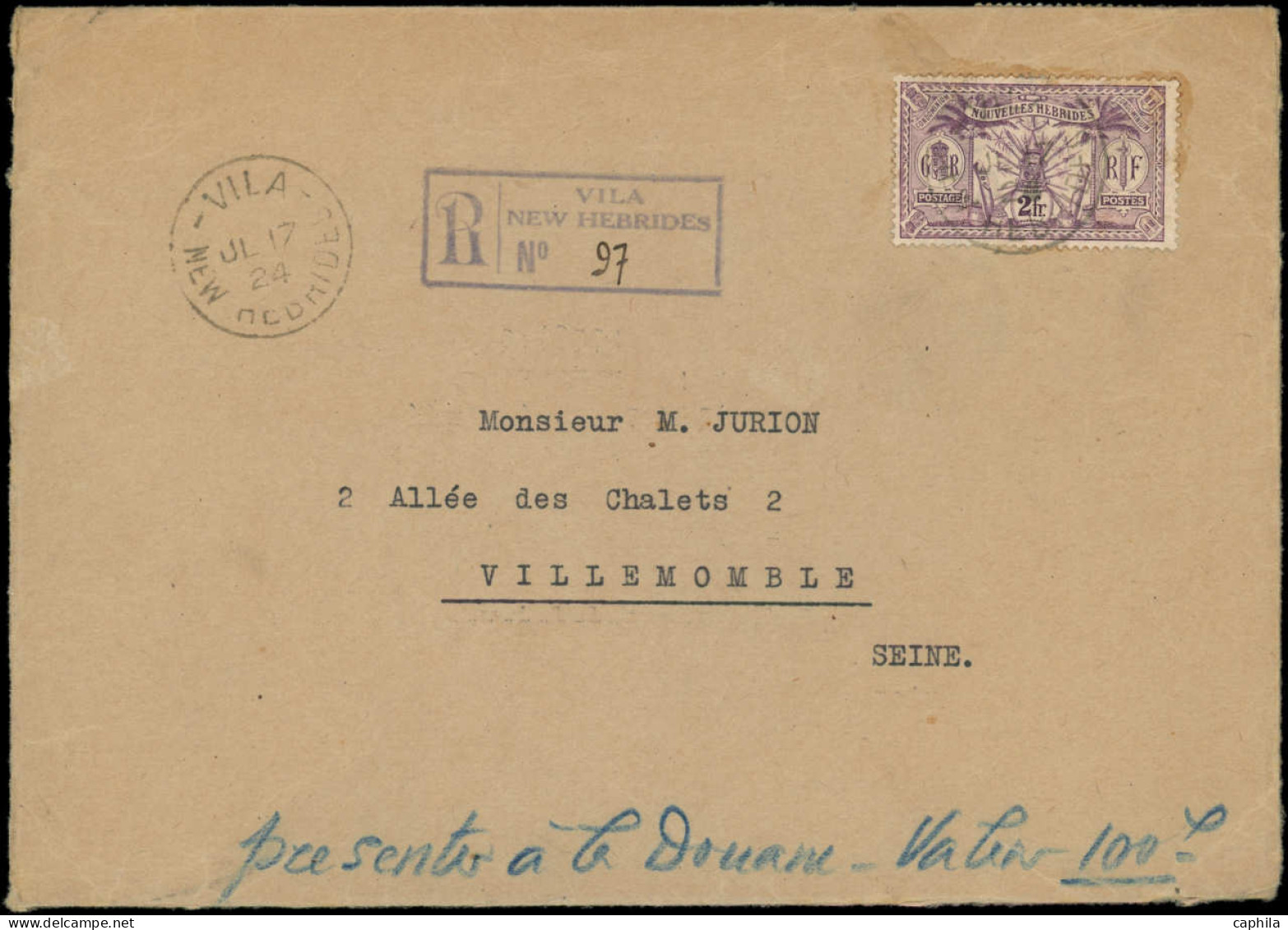 LET NOUVELLES-HEBRIDES - Poste - 36 + 2 Bandes De 5 Du N° 30, Enveloppe Recommandée "Vila New Hebrides 17/7/24" Pour La  - Autres & Non Classés