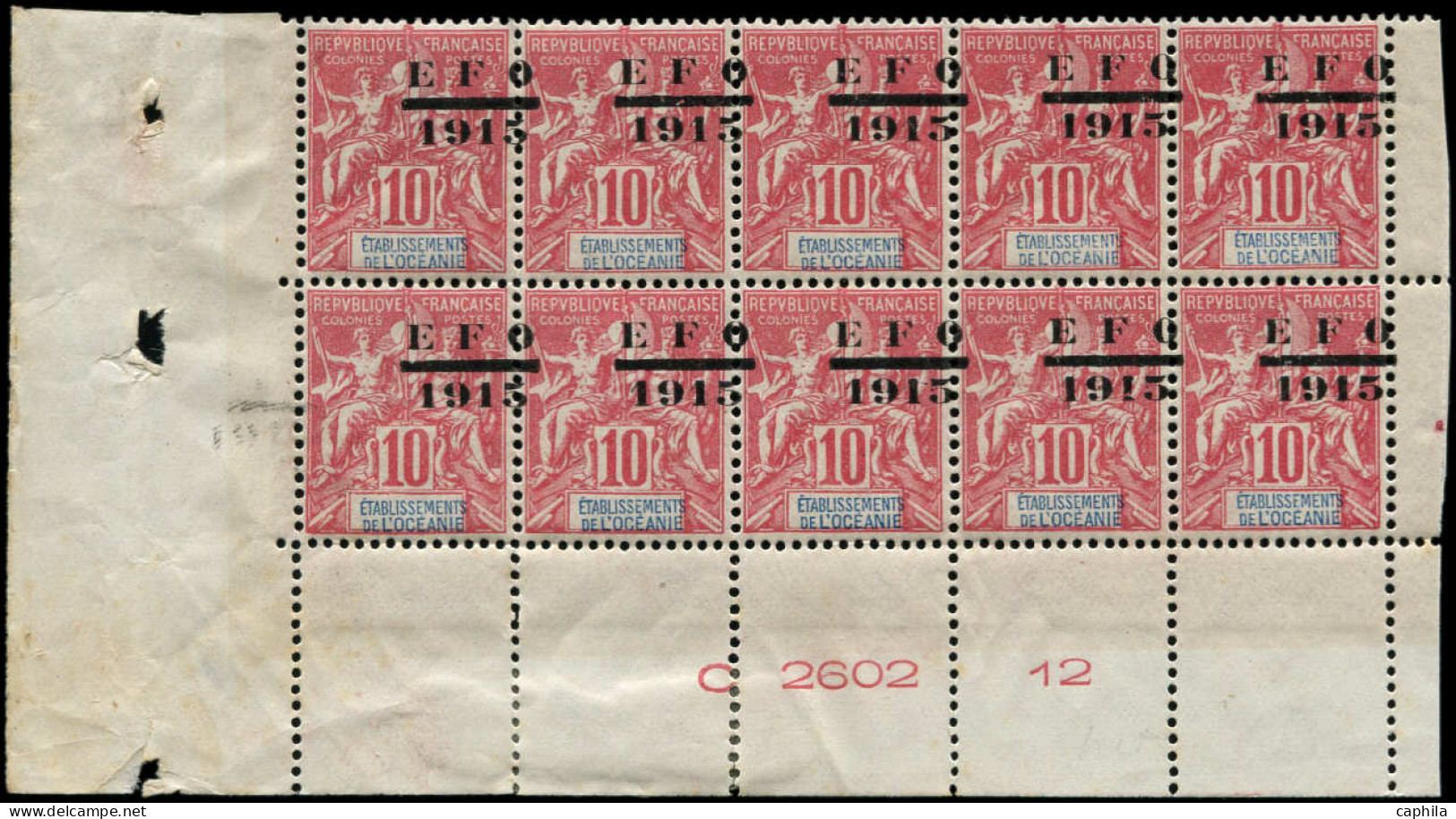 ** OCEANIE - Poste - 38, Bloc De 10 Surcharge à Cheval, Gomme Coloniale, Cdf Avec Numéros: 10c. Rouge - Unused Stamps