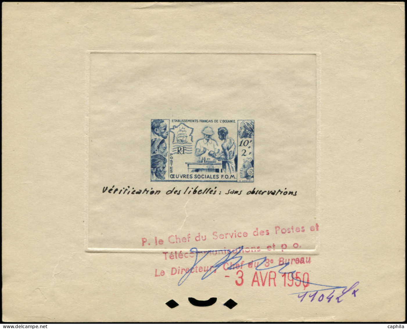 EPT OCEANIE - Poste - 201 épreuve D'atelier, Bon à Tirer En Bleu (1104), Datée Et Signée 03/04/1950, Unique - Unused Stamps