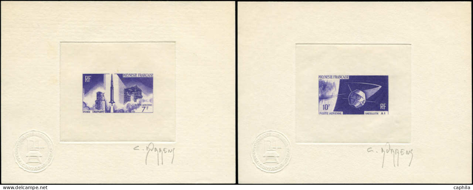 EPA POLYNESIE - Poste Aérienne - 17/18, 2 épreuves D'artiste En Violet, Signées Durens: Fusée Diamant Et Satellite A1 - Unused Stamps