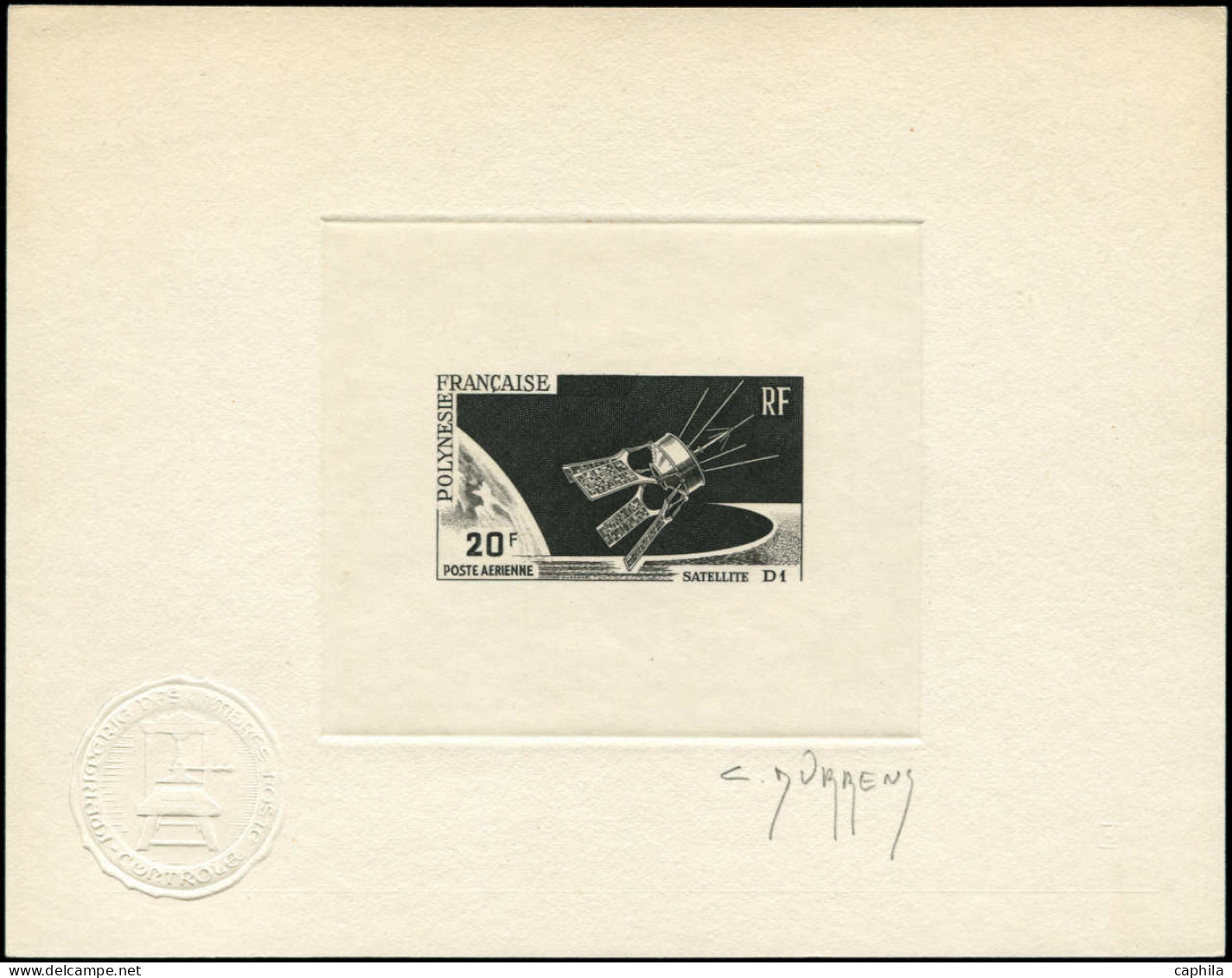 EPA POLYNESIE - Poste Aérienne - 19, épreuve D'artiste En Noir, Signée Durens: Satellite D1 - Unused Stamps