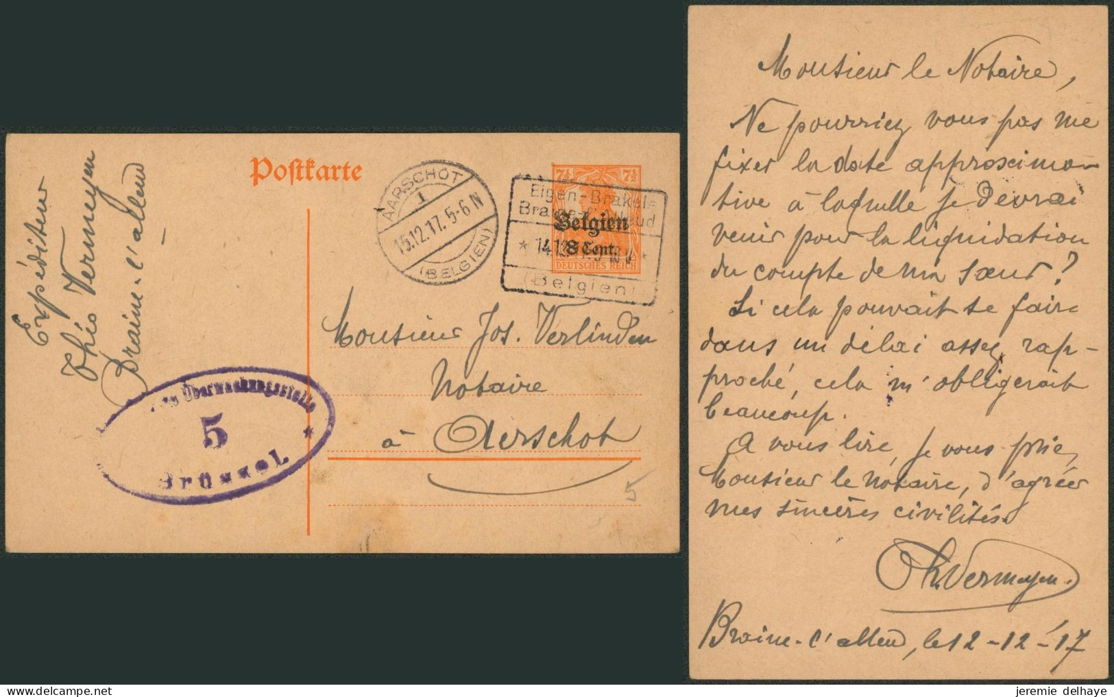 Guerre 14-18 - EP Au Type 8ctm Orange Obl Encadré "Eigen-Brakels / Braine-l'alleud" (1917) > Aerschot - Deutsche Besatzung