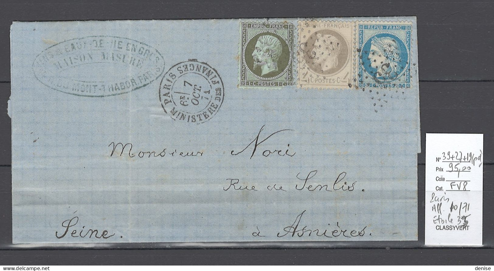 France - Lettre Paris - Etoile35  - Affranchissement Composé 10/71 - 1849-1876: Période Classique