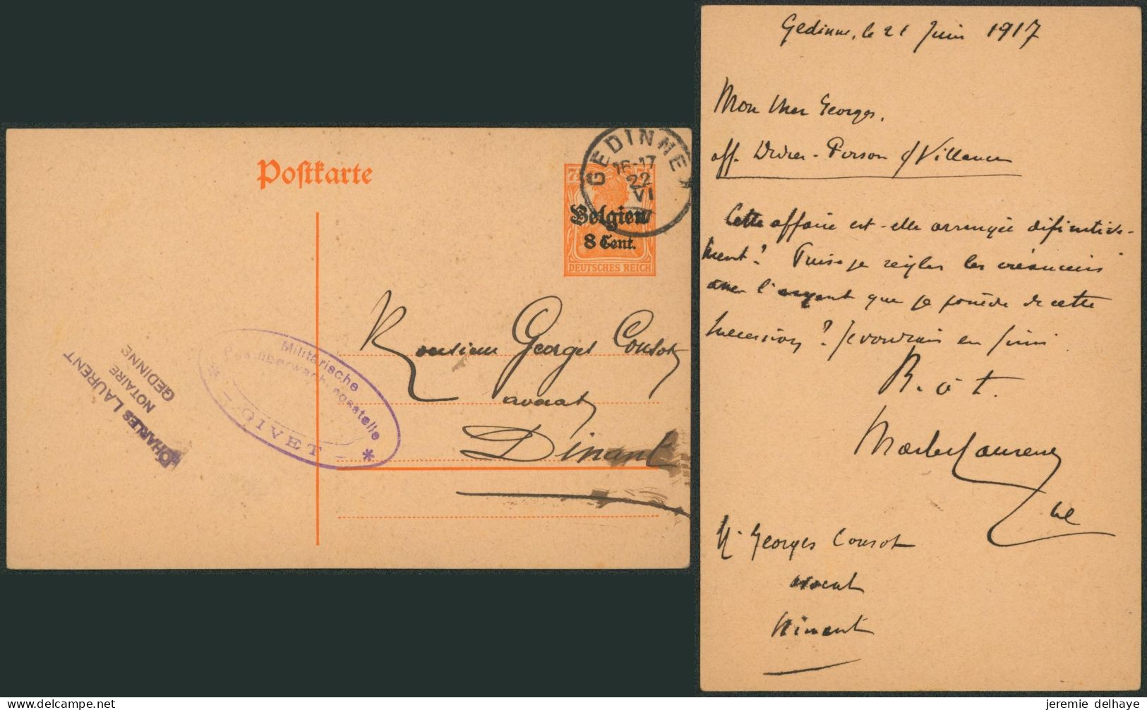 Guerre 14-18 - EP Au Type 8ctm Orange Obl Simple Cercle "Gedinne" (1917) + Censure GIVET > Dinant - Occupation Allemande
