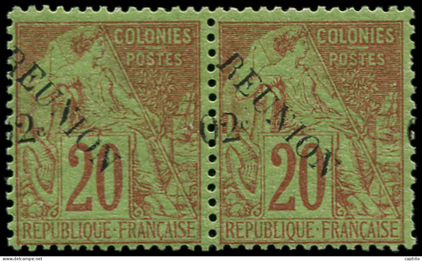 * REUNION - Poste - 29, En Paire, Surcharge à Cheval: 02c. S. 20c. - Unused Stamps