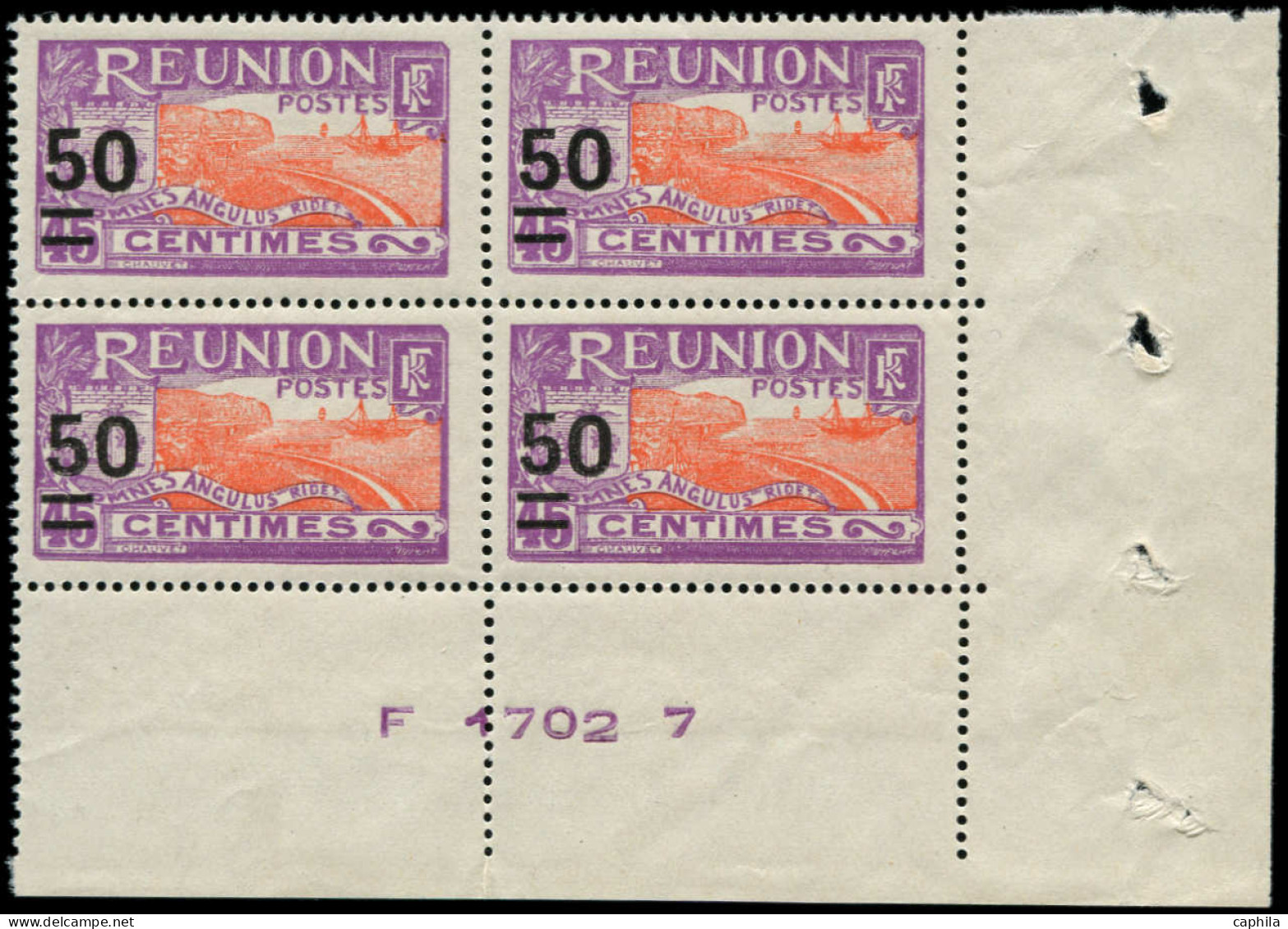 ** REUNION - Poste - 123A, Signé Scheller, Bloc De 4 Coin De Feuille Avec N°: 50 S. 45c. Lilas-brun & Rouge - Unused Stamps