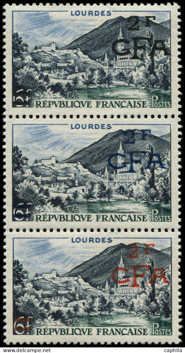 ** REUNION - Poste - 310, Bande De 3, Essais De Surcharge Noir/bleu/rouge: Lourdes (Maury) - Unused Stamps