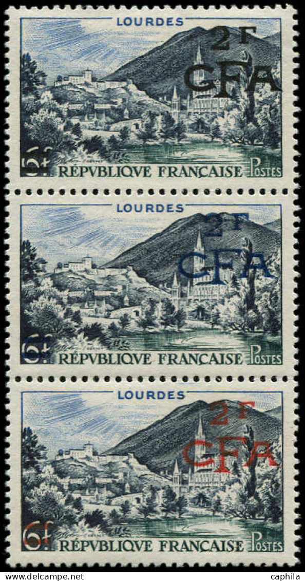 ** REUNION - Poste - 310, Bande De 3, Essais De Surcharge Noir/bleu/rouge: Lourdes (Maury) - Nuevos