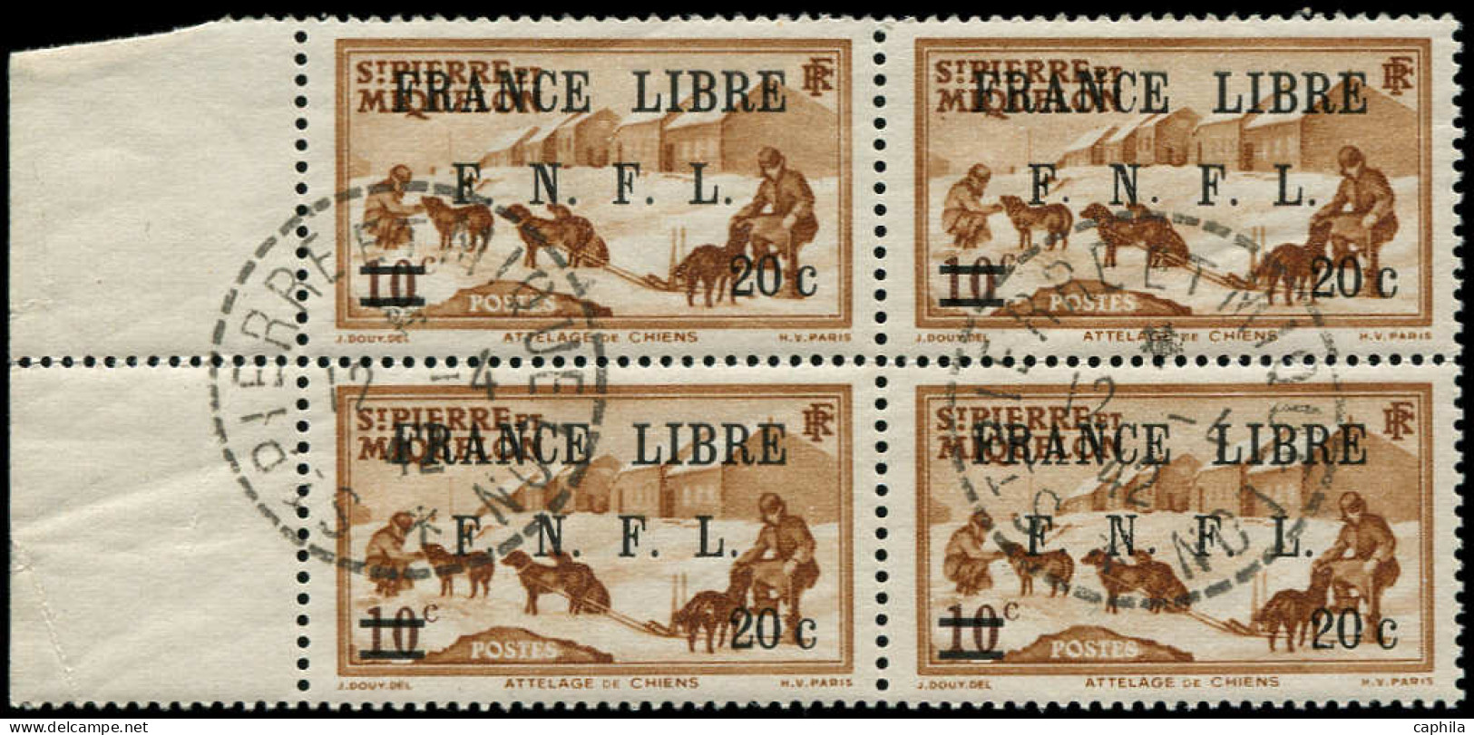 O SAINT PIERRE & MIQUELON - Poste - 274, Bloc De 4: 20c. S. 10c. Brun-jaune France Libre - Oblitérés