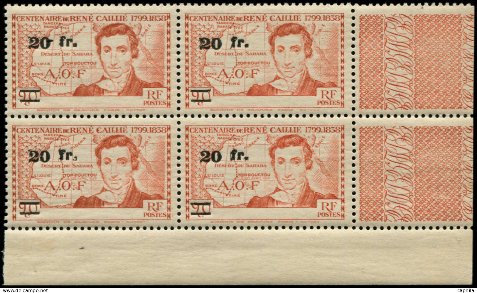 ** SENEGAL - Poste - 196a, Bloc De 4, Coin De Feuille, Sans "Sénégal": 20f. S. 90c. Rouge Terne - Unused Stamps