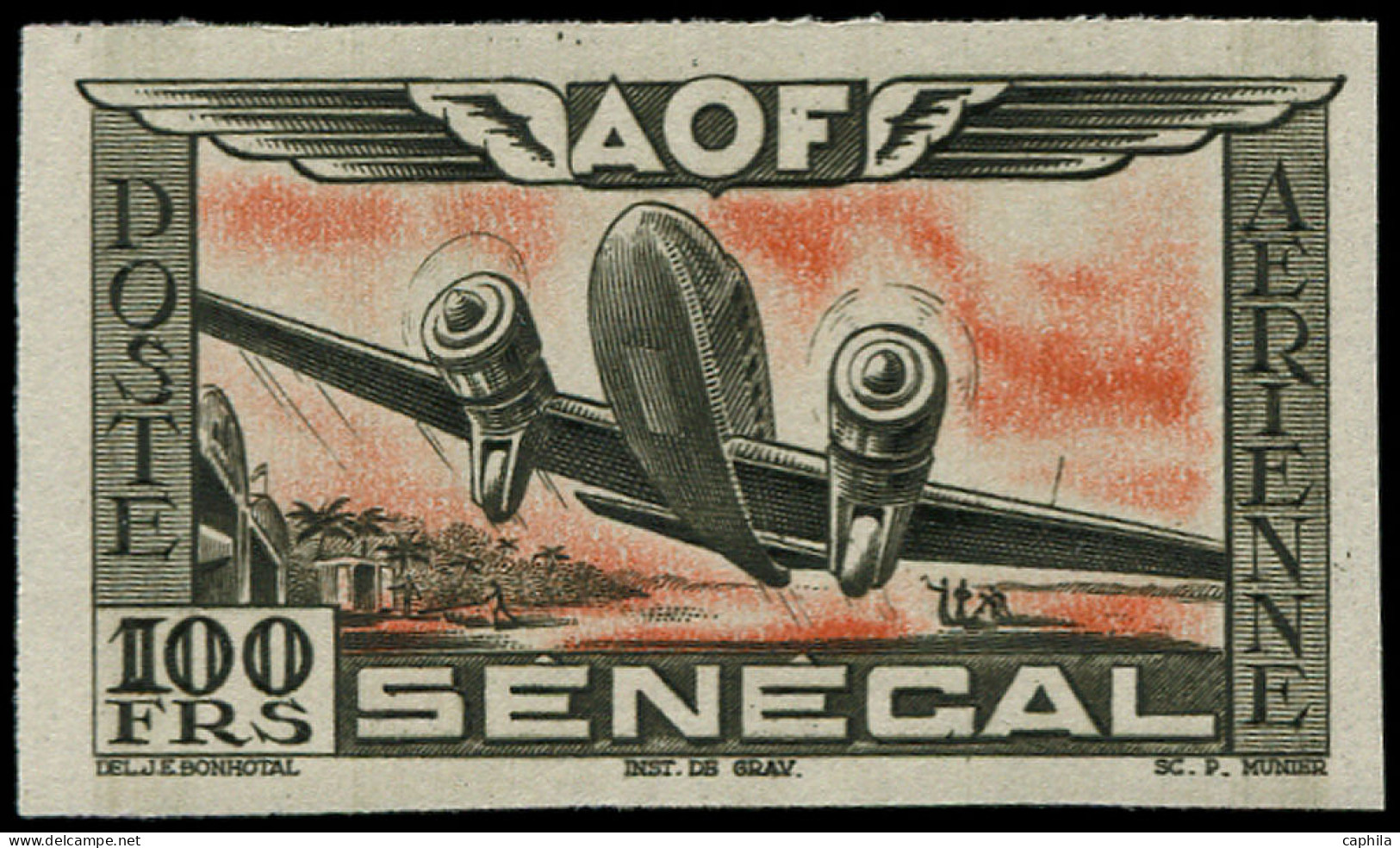 ** SENEGAL - Poste Aérienne - 30b, Essai De Couleur Non Dentelé, Brun-vert Et Rouge: 100f. - Airmail
