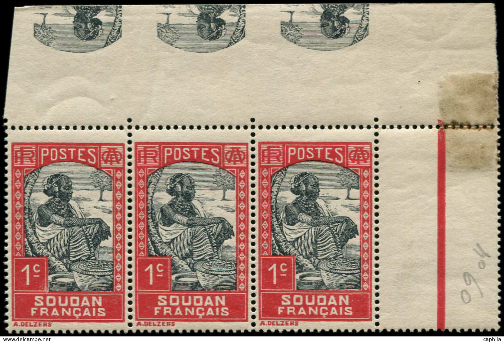 ** SOUDAN FRANCAIS - Poste - 60, Bande De 3, Centre Imprimé Tête-bêche Sur Bdf, Signé Scheller: 1c. Laitière - Unused Stamps