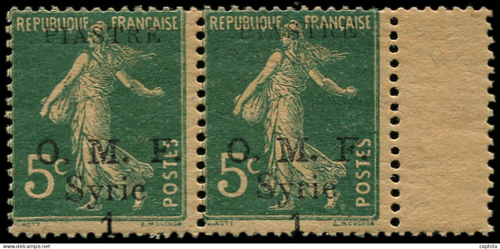 ** SYRIE - Poste - 35, Bande De 4 Surcharge à Cheval, "Piastre" En Haut, Bdf: 1p. S. 5c. Vert Semeuse - Unused Stamps