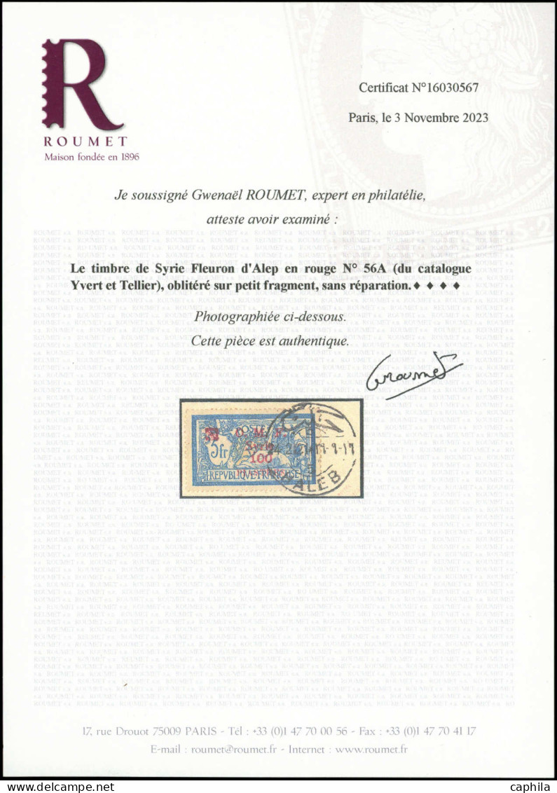 O SYRIE - Poste - 56A, Sur Fragment, Signé Scheller + Certificat  Roumet: 100pi. Sur 5f. Fleuron Rouge - R - - Gebruikt