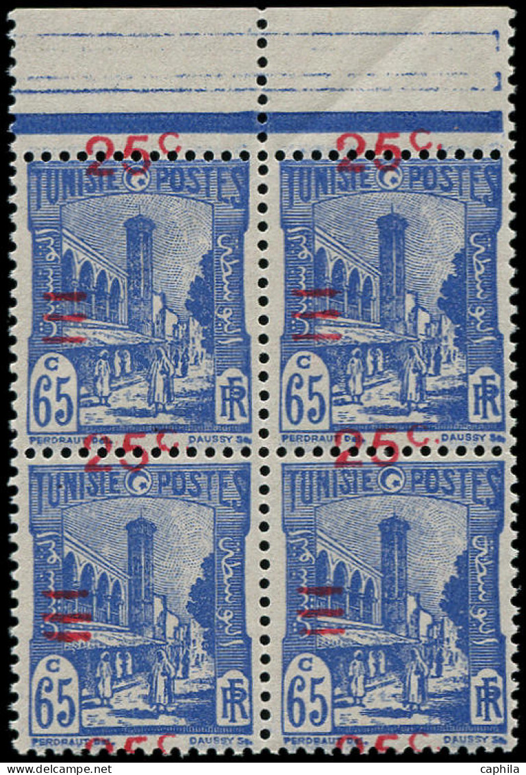 ** TUNISIE - Poste - 205c, Bloc De 4 Surcharge à Cheval (1 Exemplaire Pli): 25c. S. 35c. Bleu - Unused Stamps