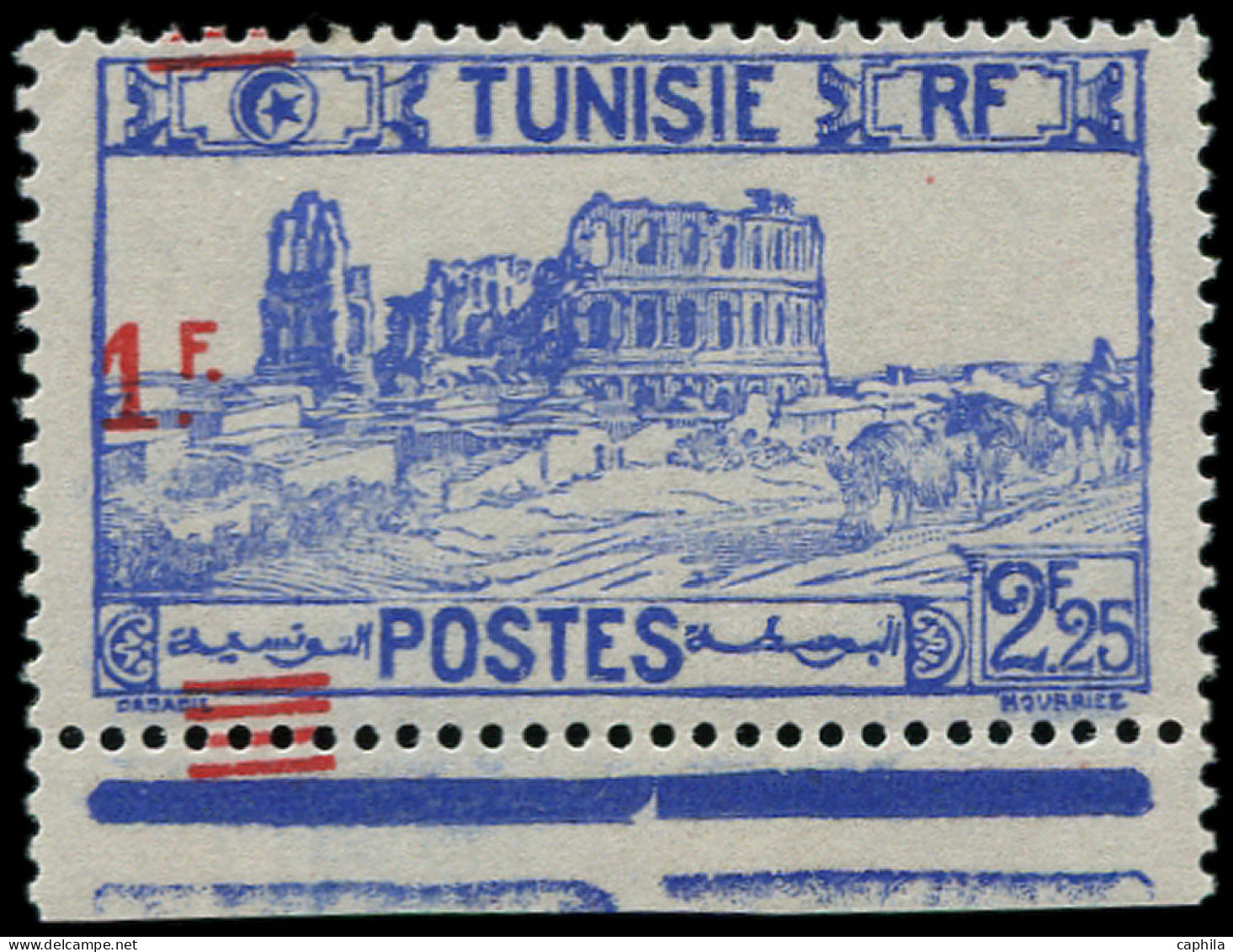 ** TUNISIE - Poste - 226d, Surcharge à Cheval, Totalement à Gauche, Bdf: 1f. S. 2f25 Bleu Amphithéâtre - Neufs