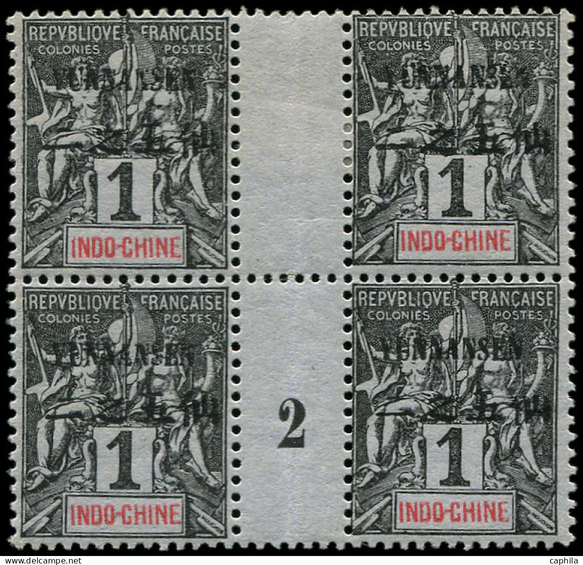 ** YUNNANFOU - Poste - 1, Bloc De 4 Millésime "2": 1c. Noir S. Azuré - Unused Stamps