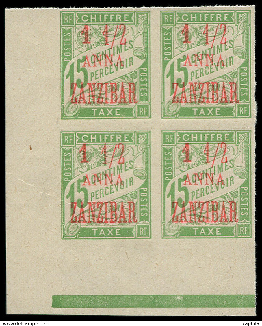 (*) ZANZIBAR - Taxe - 3a, Bloc De 4 Non Dentelé, Cdf: 1.1/2a S. 15c. Vert-jaune - Ongebruikt