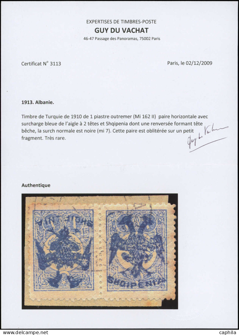 O ALBANIE - Poste - 7 B, Surcharge Bleue, Paire Sur Fragment, 1 Exemplaire Surcharge Renversée Formant Tête-bêche, Signé - Albanië